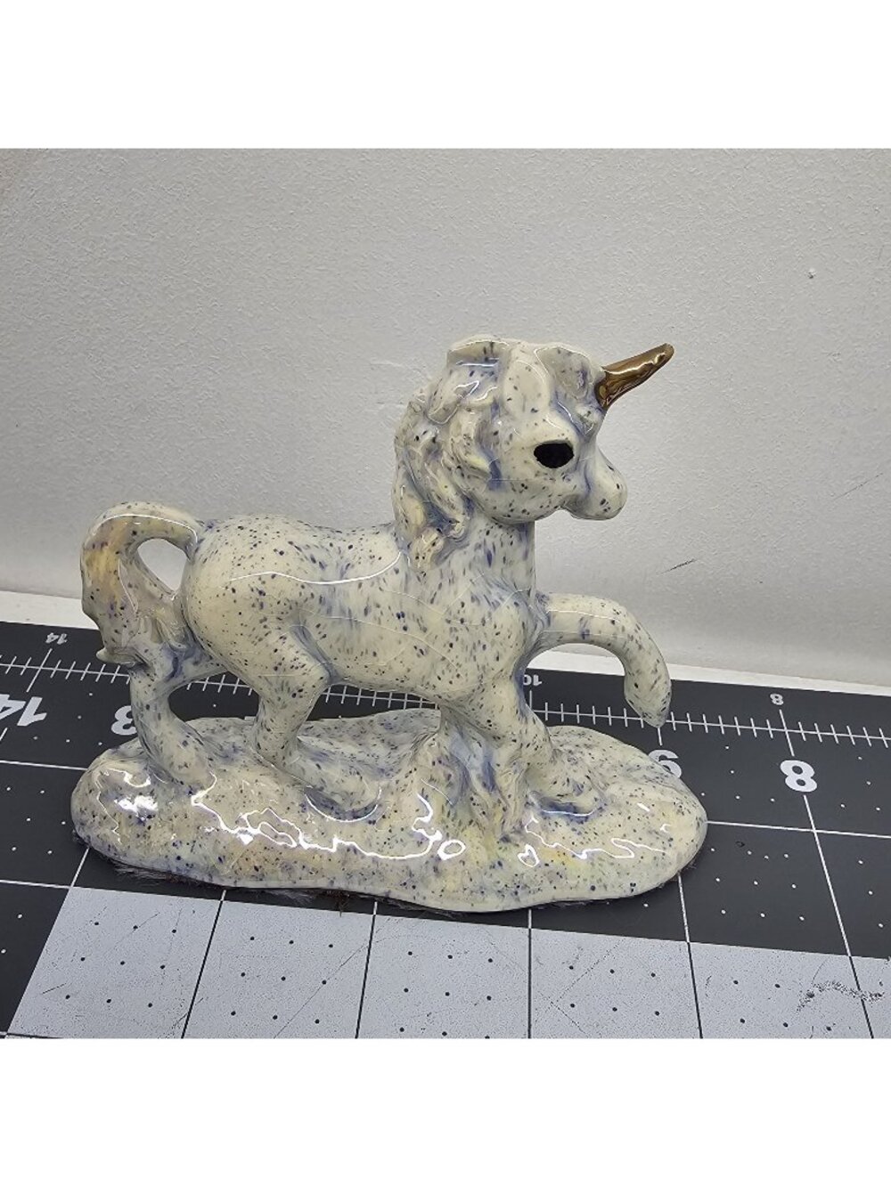 Vintage 1980s Ceramic Unicorn Figurine 4.5” Blue Speckled Glaze Gold Horn Retro